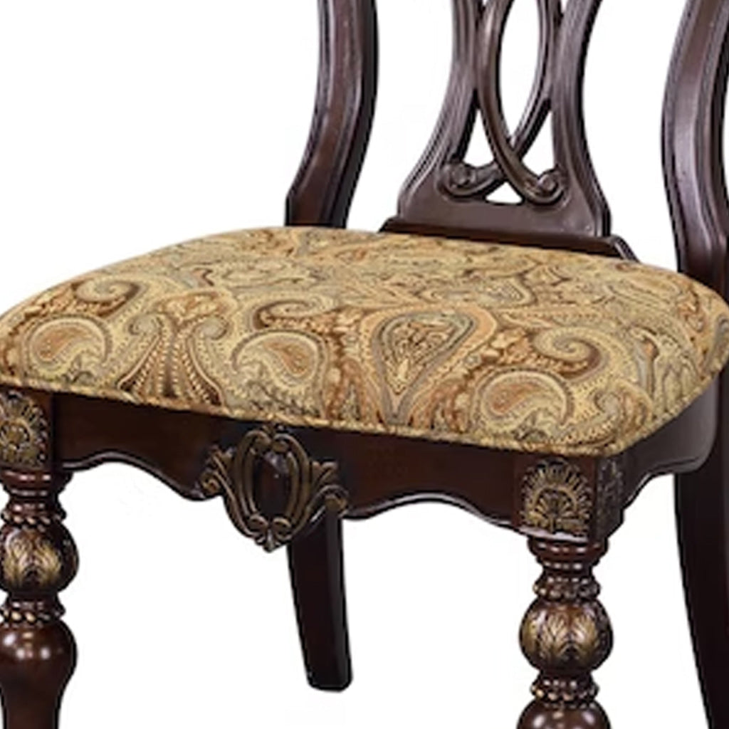 Fabric Upholstered Wooden Side Chair With Intricate Back Set of 2 Cherry Brown HME-1824S