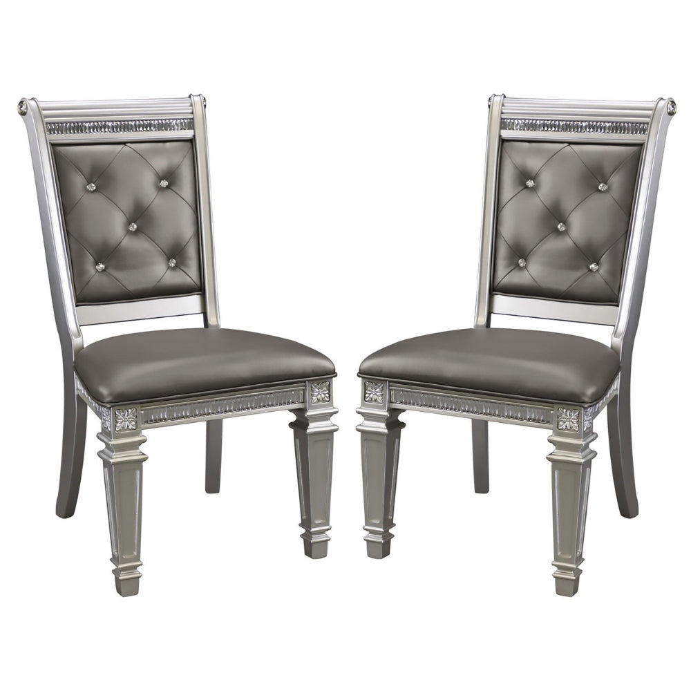 28 Inch Wood Dining Chair Faux Leather Acrylic Crystals Set of 2 Silver HME-1958S