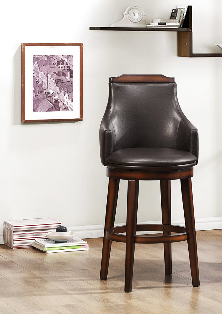 Wood & Leather Bar Height Chair with Swivel Mechanism Oak Brown & Black Set of 2 By Casagear Home HME-5447-29S