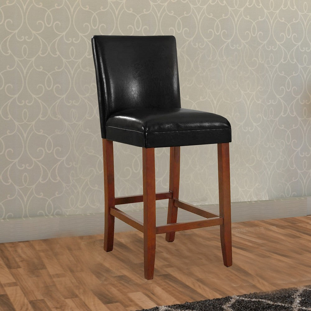 Wooden 24 Inch Bar Stool with Faux Leather Padded Seat and Tapered Feet, Black and Brown - K1401-24-E073 By Casagear Home