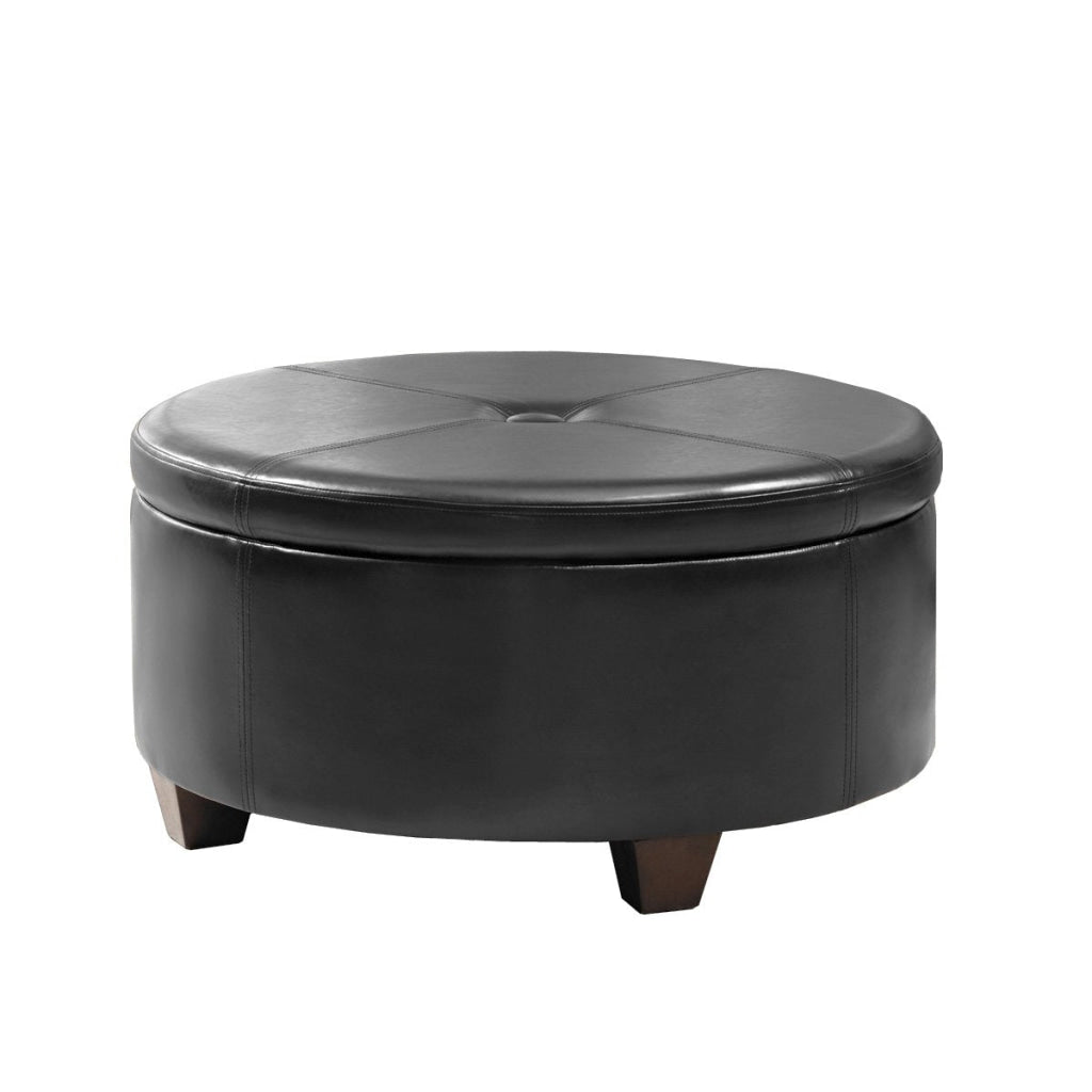 Leatherette Single Button Tufted Round Ottoman with Wooden Feet Large Black and Brown - K5508-E676 By Casagear Home KFN-K5508-E676