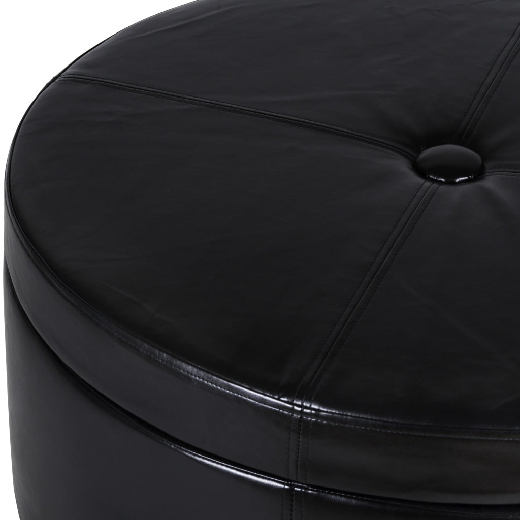 Leatherette Single Button Tufted Round Ottoman with Wooden Feet Large Black and Brown - K5508-E676 By Casagear Home KFN-K5508-E676