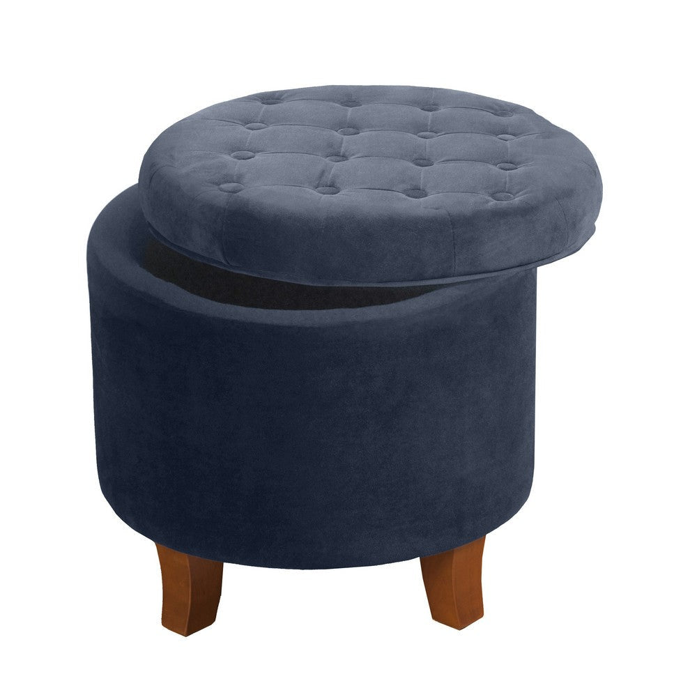 Button Tufted Velvet Upholstered Wooden Ottoman with Hidden Storage Dark Blue and Brown - K6171-B215 By Casagear Home KFN-K6171-B215