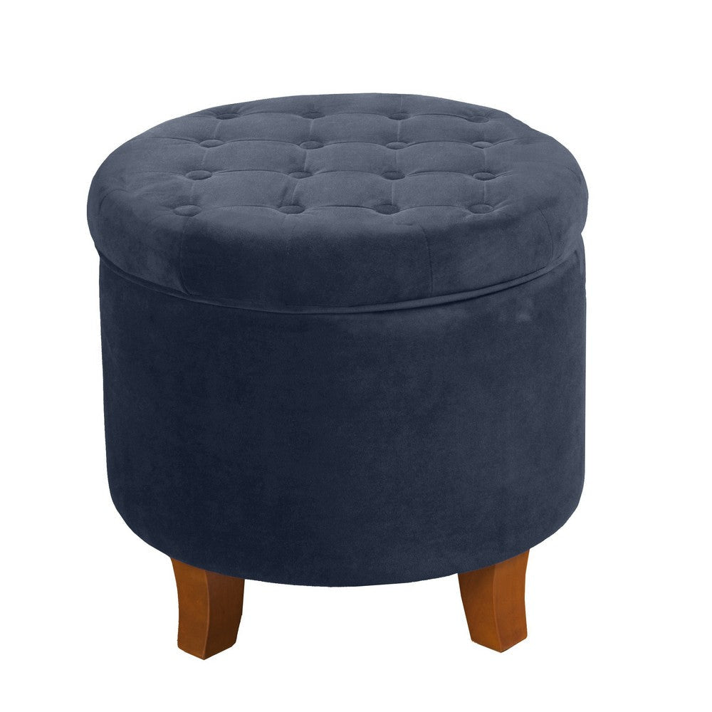 Button Tufted Velvet Upholstered Wooden Ottoman with Hidden Storage Dark Blue and Brown - K6171-B215 By Casagear Home KFN-K6171-B215