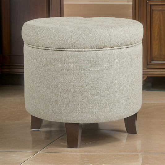 Textured Woven Fabric Upholstered Round Ottoman with Lift Top Storage, Beige and Brown - K6171-F2251 By Casagear Home