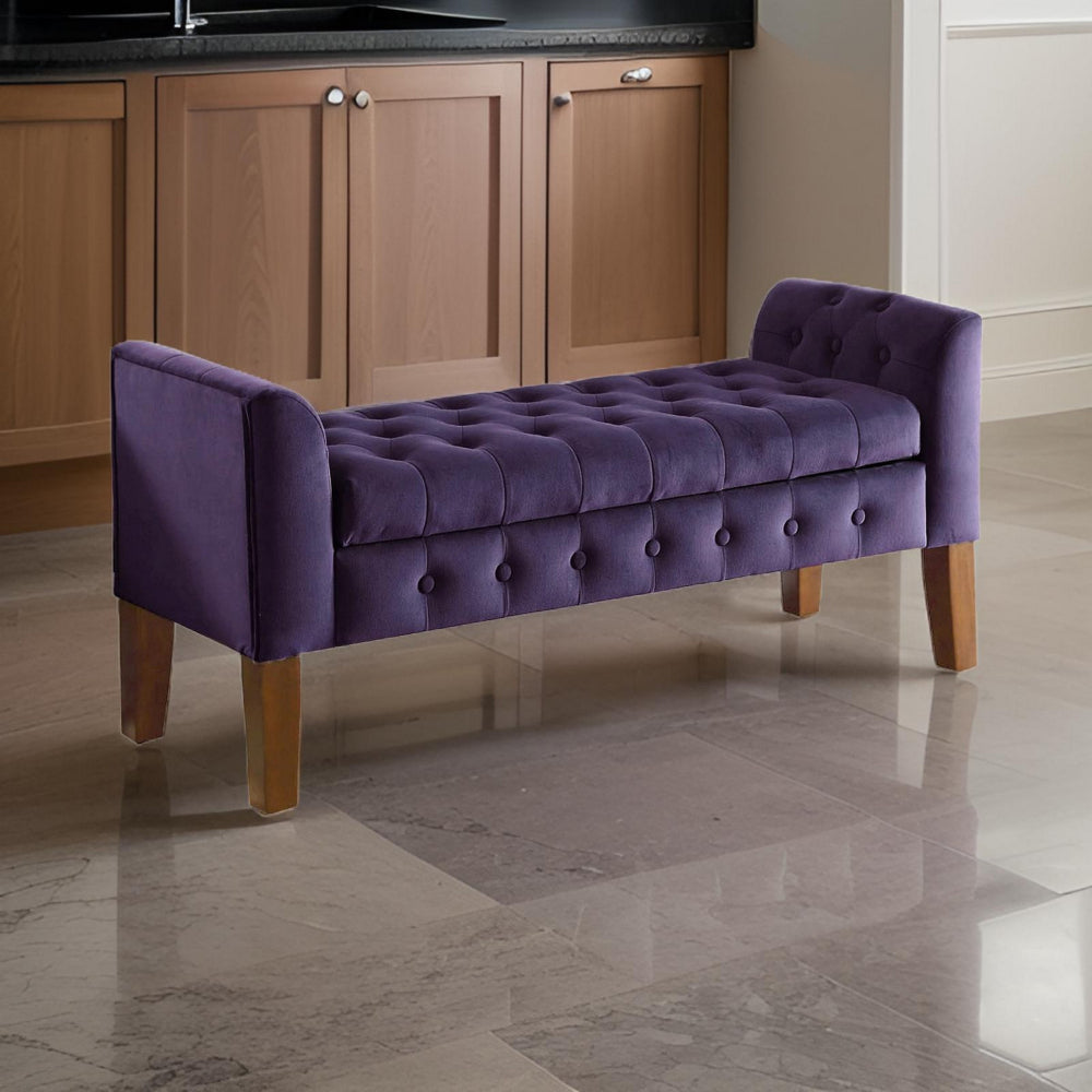 Velvet Upholstered Button Tufted Wooden Bench Settee With Hinged Storage, Purple and Brown - K6211-B204 By Casagear Home