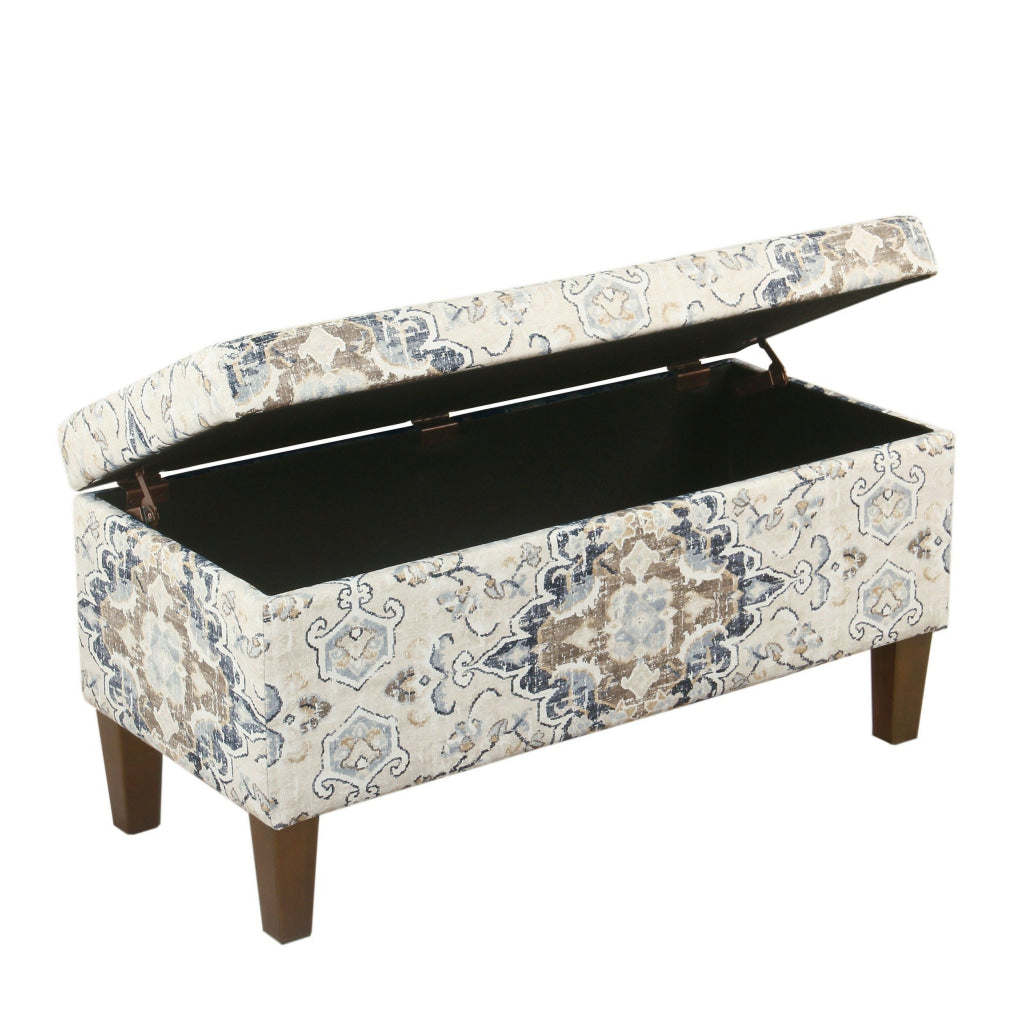 Medallion Print Fabric Upholstered Wooden Bench With Hinged Storage Large Brown and Cream - K6384NP-A862 By Casagear Home KFN-K6384NP-A862