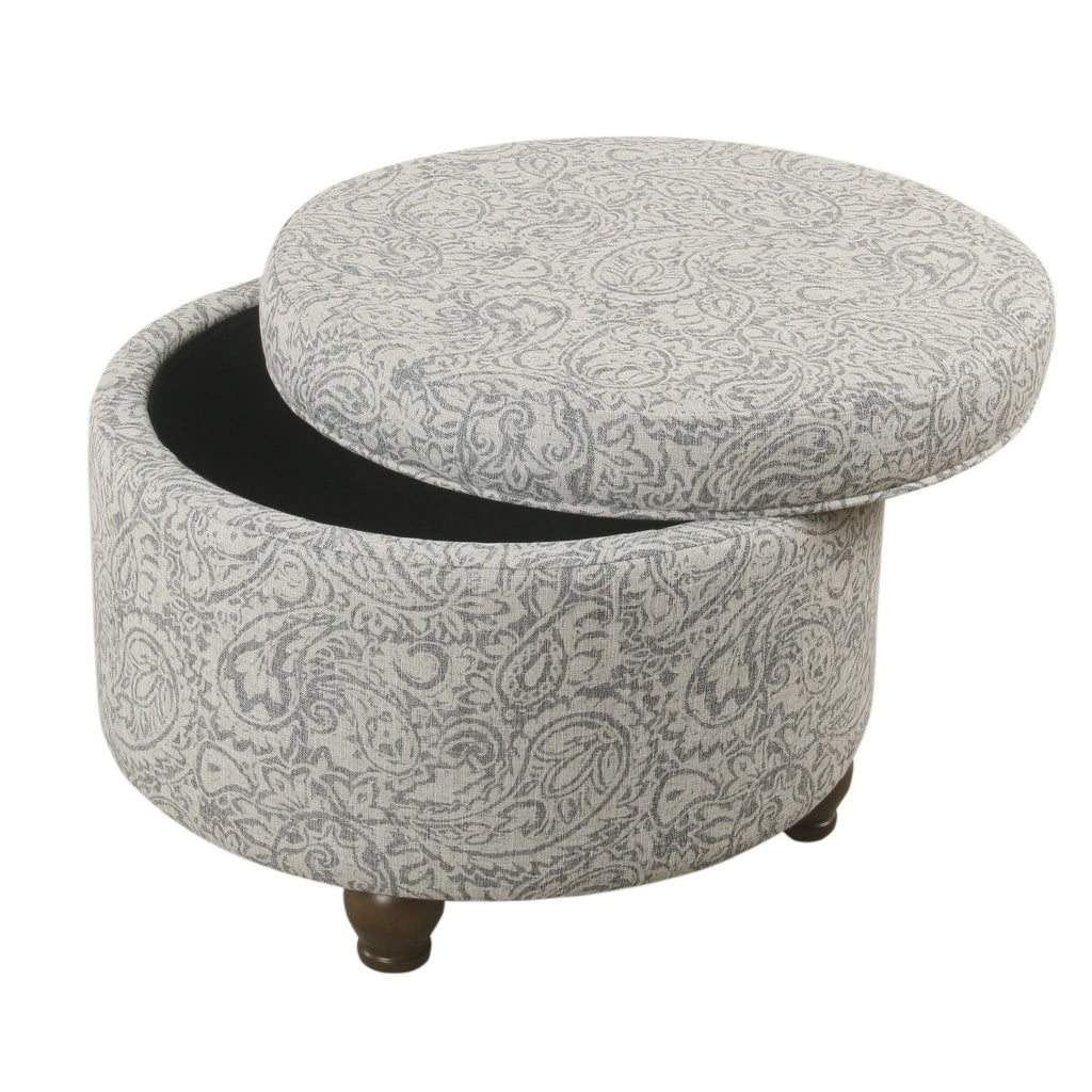 Paisley Floral Pattern Fabric Upholstered Wooden Ottoman with Hidden Storage Gray and Cream - K6427-F2350 By Casagear Home KFN-K6427-F2350