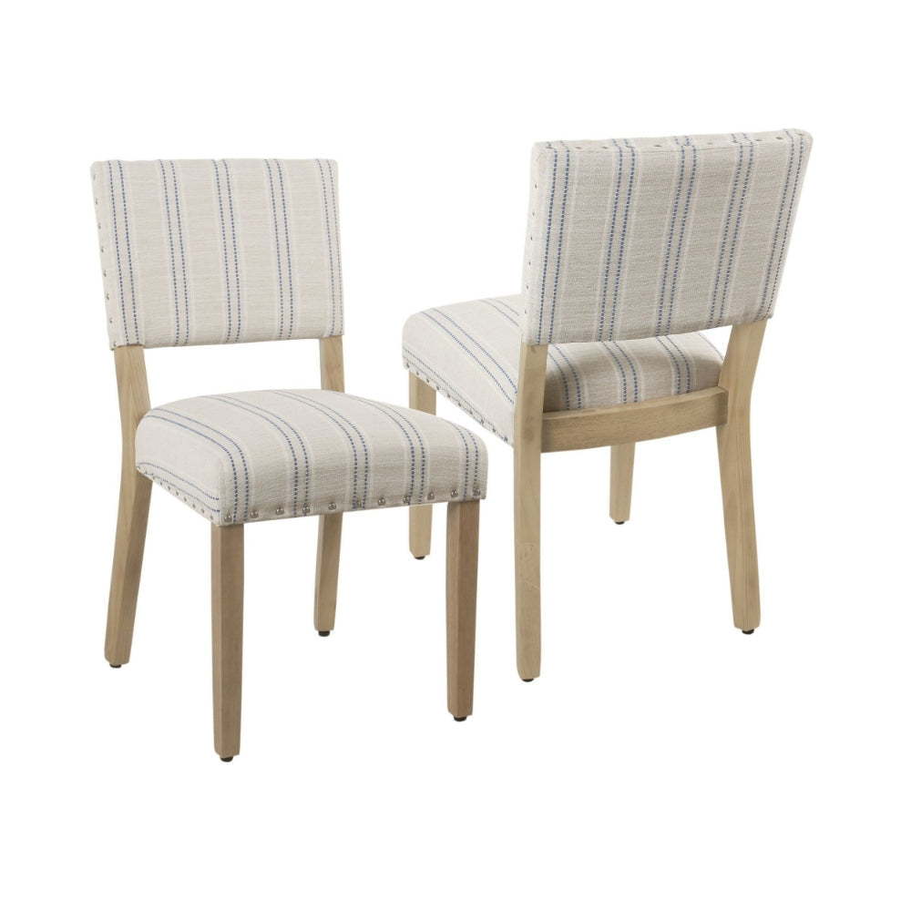 Wooden Dining Chair with Striped Pattern Fabric Cushioned Seat Blue and White Set of Two - K6757-F2352 By Casagear Home KFN-K6757-F2352