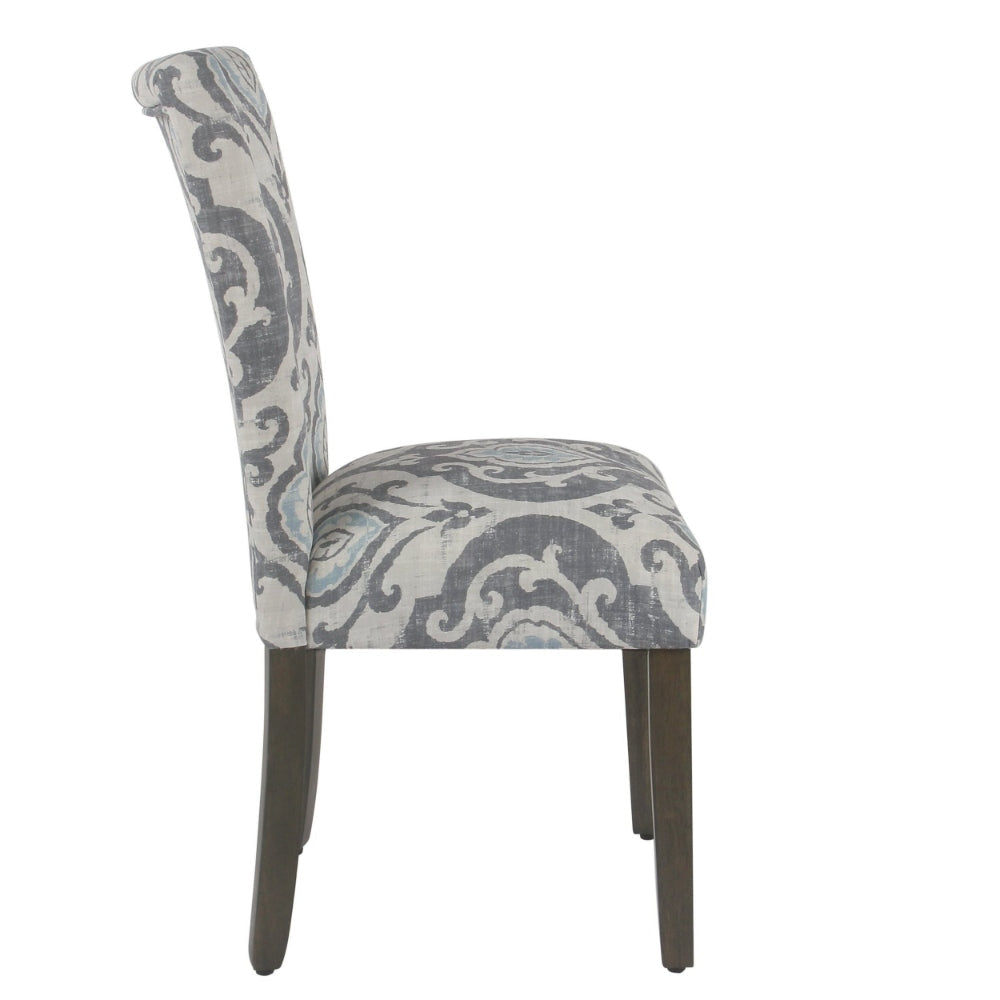 Wooden Dining Chair with Damask Print Fabric Upholstery Gray and Blue Set of Two - K6805-A750 By Casagear Home KFN-K6805-A750