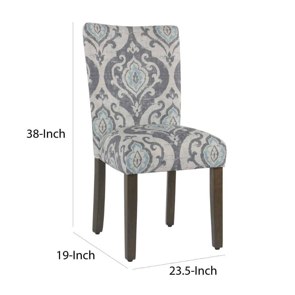 Wooden Dining Chair with Damask Print Fabric Upholstery Gray and Blue Set of Two - K6805-A750 By Casagear Home KFN-K6805-A750