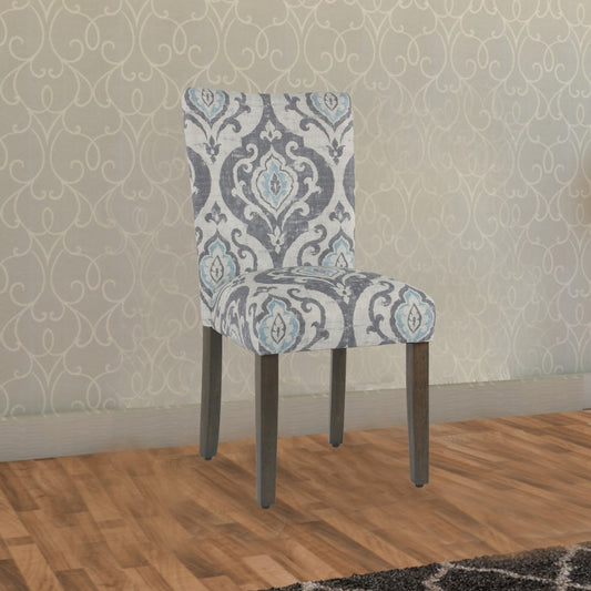 Wooden Dining Chair with Damask Print Fabric Upholstery, Gray and Blue, Set of Two - K6805-A750 By Casagear Home