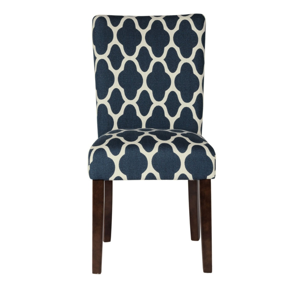 Wooden Parson Dining Chairs with Quatrefoil Patterned Fabric Upholstery Blue and White Set of Two - K6805-F2051 By Casagear Home