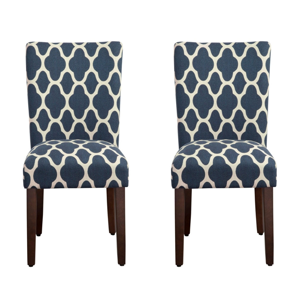 Wooden Parson Dining Chairs with Quatrefoil Patterned Fabric Upholstery, Blue and White, Set of Two - K6805-F2051 By Casagear Home