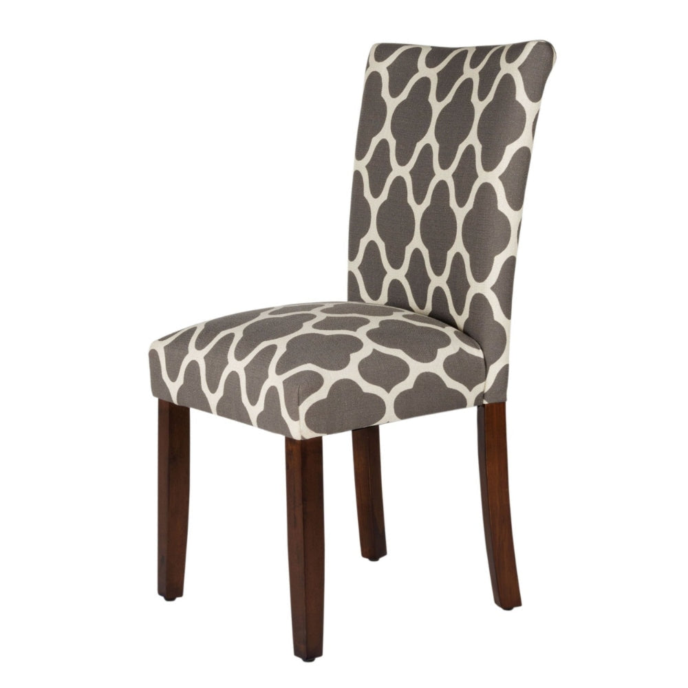 Wooden Parson Dining Chair with Quatrefoil Pattern Fabric Upholstery Gray and White Set of Two - K6805-F2052 By Casagear Home