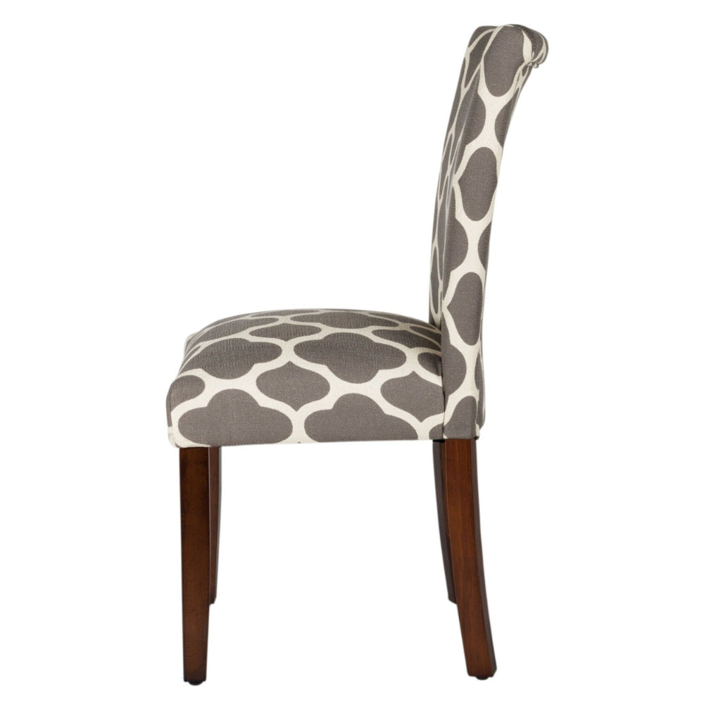 Wooden Parson Dining Chair with Quatrefoil Pattern Fabric Upholstery Gray and White Set of Two - K6805-F2052 By Casagear Home