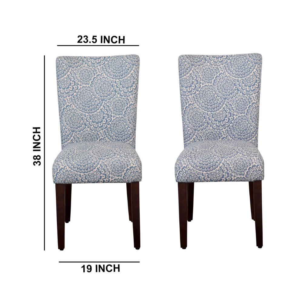 Wooden Parson Dining Chairs with Floral Patterned Fabric Upholstery Blue and White Set of Two - K6805-F2059 By Casagear Home KFN-K6805-F2059