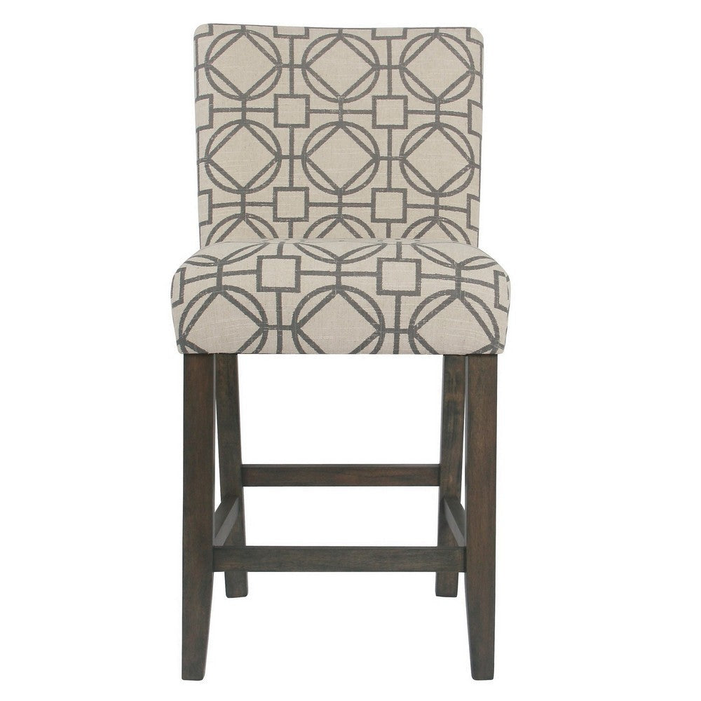 Wooden 24 Inch Counter Height Stool with Trellis Pattern Fabric Upholstery Cream and Gray - K6858-24-A825 By Casagear Home KFN-K6858-24-A825