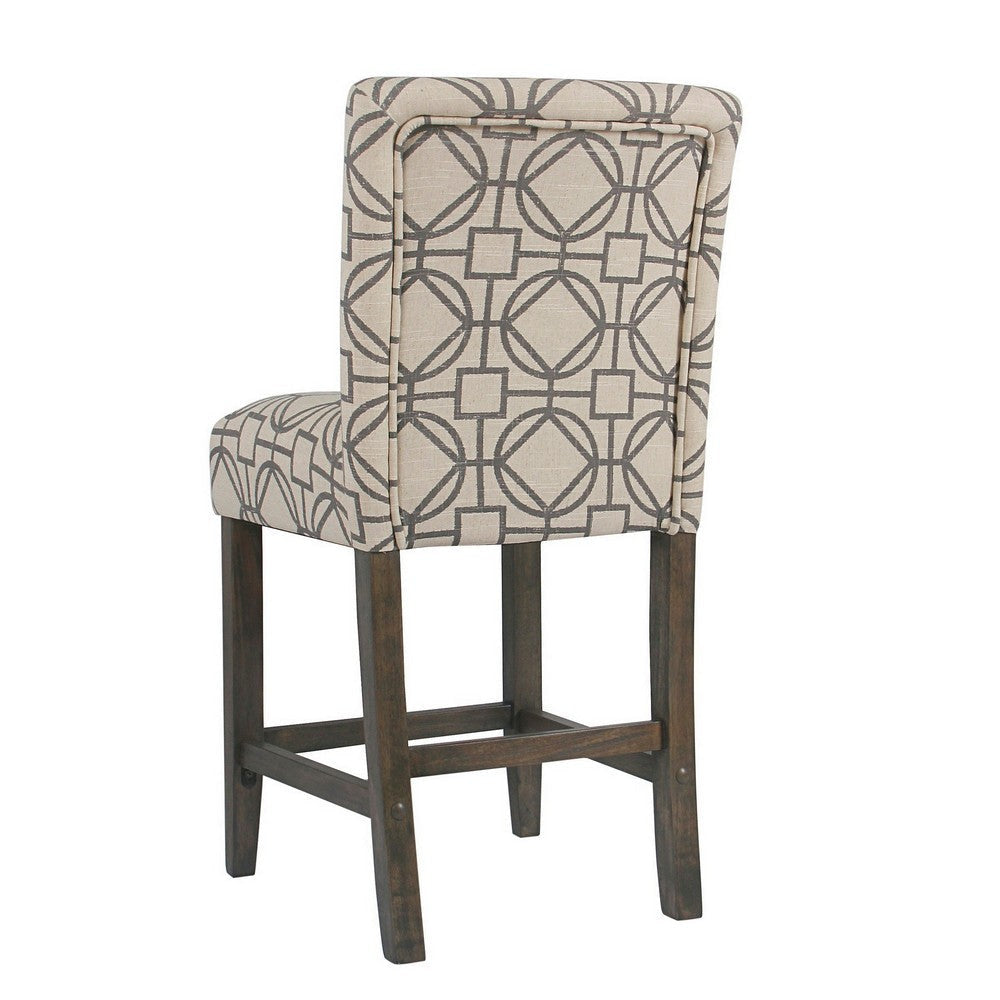 Wooden 24 Inch Counter Height Stool with Trellis Pattern Fabric Upholstery Cream and Gray - K6858-24-A825 By Casagear Home KFN-K6858-24-A825