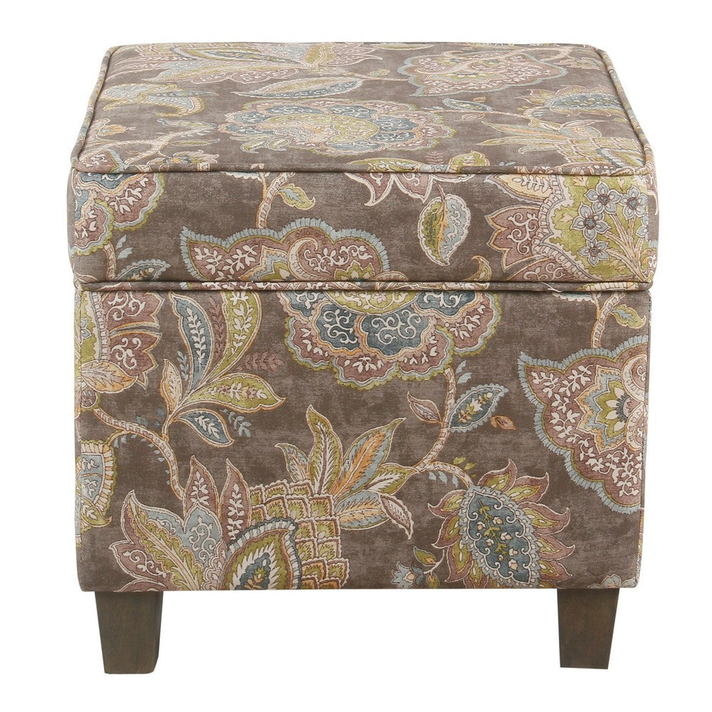 Floral Pattern Fabric Upholstered Wooden Ottoman with Lift Off Top and Tapered Feet Multicolor - K7342-A824 By Casagear Home KFN-K7342-A824