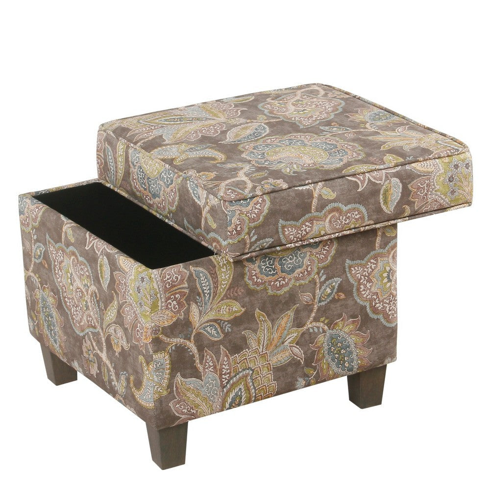 Floral Pattern Fabric Upholstered Wooden Ottoman with Lift Off Top and Tapered Feet Multicolor - K7342-A824 By Casagear Home KFN-K7342-A824