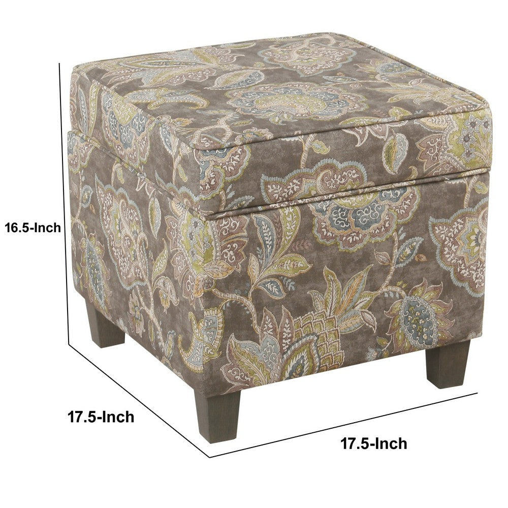 Floral Pattern Fabric Upholstered Wooden Ottoman with Lift Off Top and Tapered Feet Multicolor - K7342-A824 By Casagear Home KFN-K7342-A824