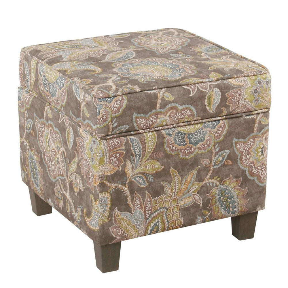 Floral Pattern Fabric Upholstered Wooden Ottoman with Lift Off Top and Tapered Feet Multicolor - K7342-A824 By Casagear Home KFN-K7342-A824