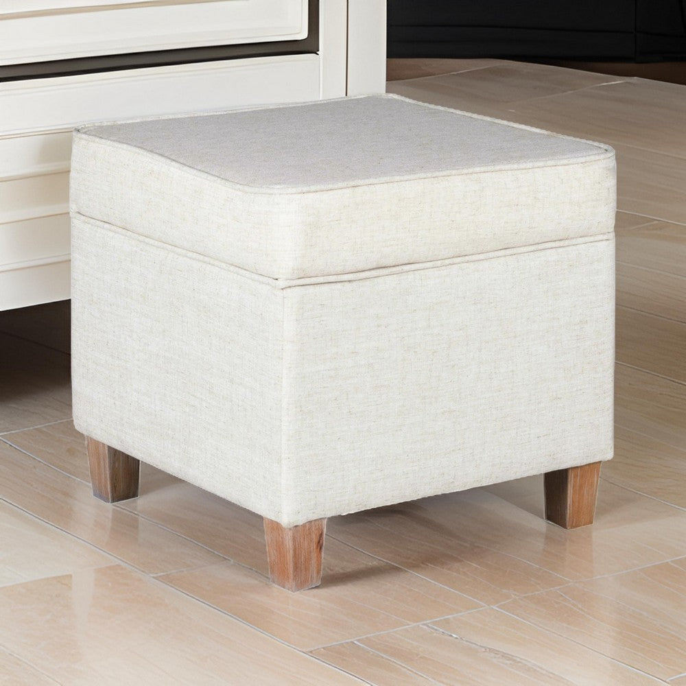 Square Shape Fabric Upholstered Ottoman with Lift Off Top and Wooden Tapered Feet, White and Brown - K7342-F2067 By Casagear Home