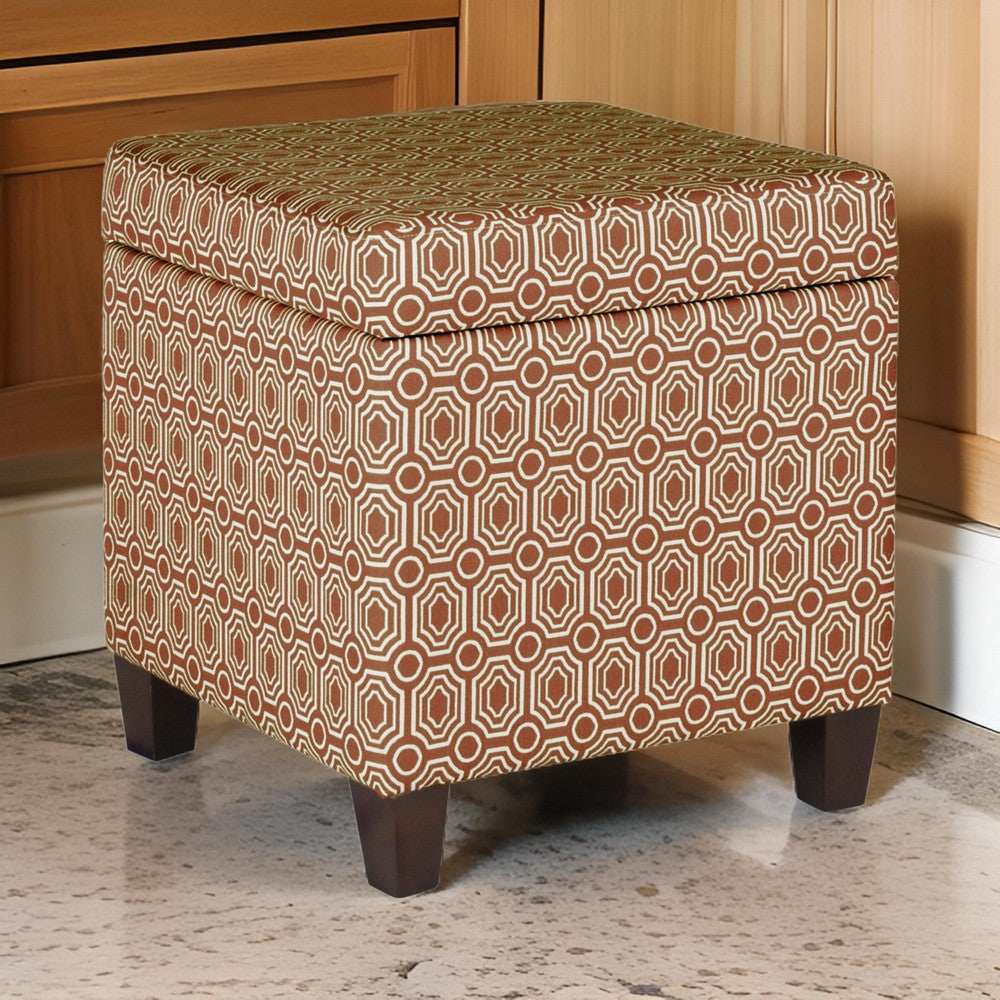 Geometric Patterned Square Wooden Ottoman with Lift Off Lid Storage, Orange and Cream - K7380-F1447 By Casagear Home