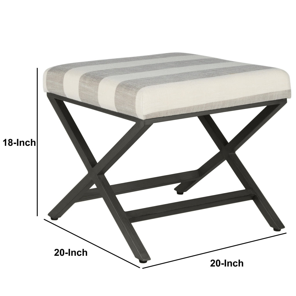 Stripe Pattern Fabric Upholstered Ottoman with X Shape Metal Legs Cream and Gray - K7401-F2060 By Casagear Home KFN-K7401-F2060