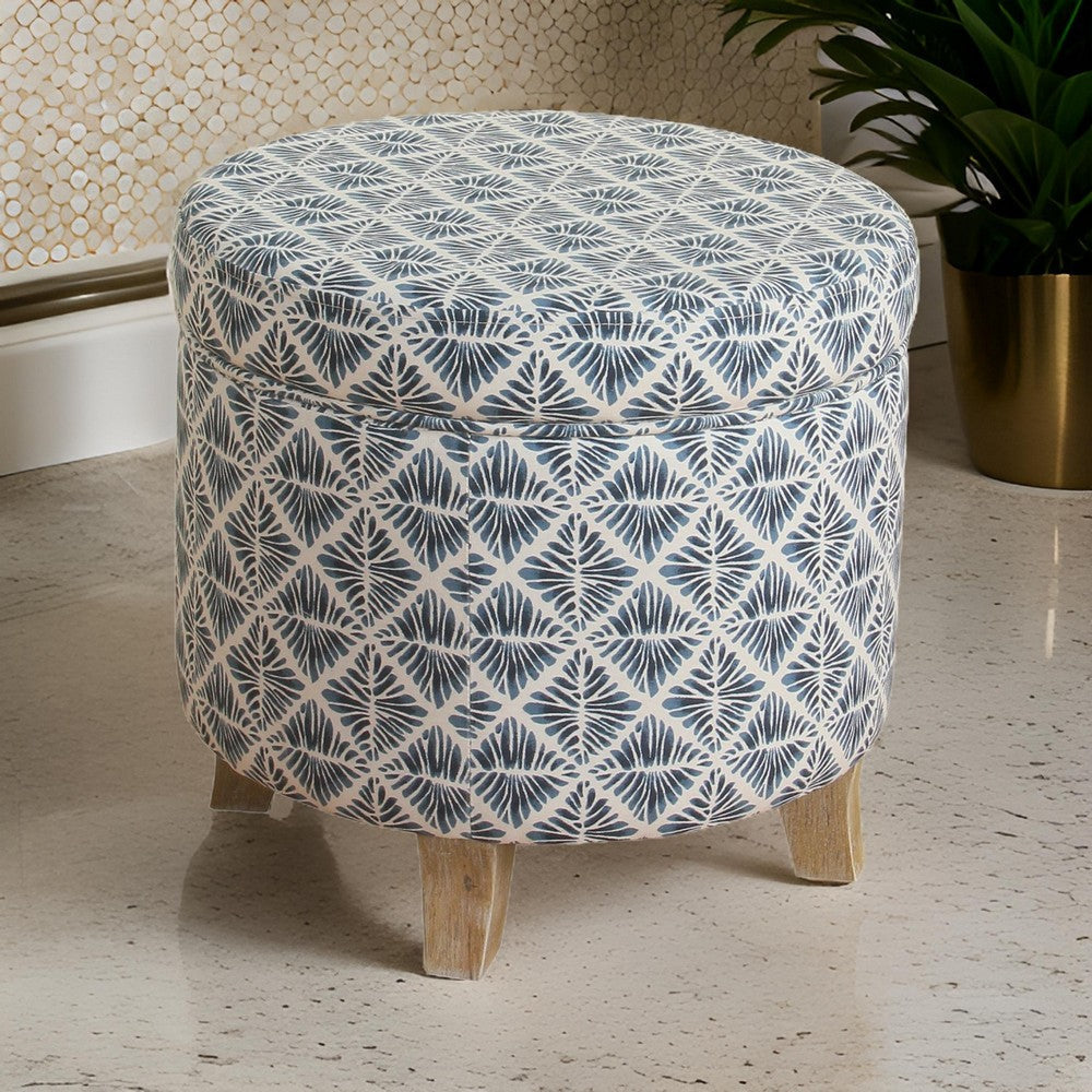 Round Shaped Fabric Upholstered Wooden Ottoman with Lift Off Lid Storage, Blue and White - K7490-A811 By Casagear Home