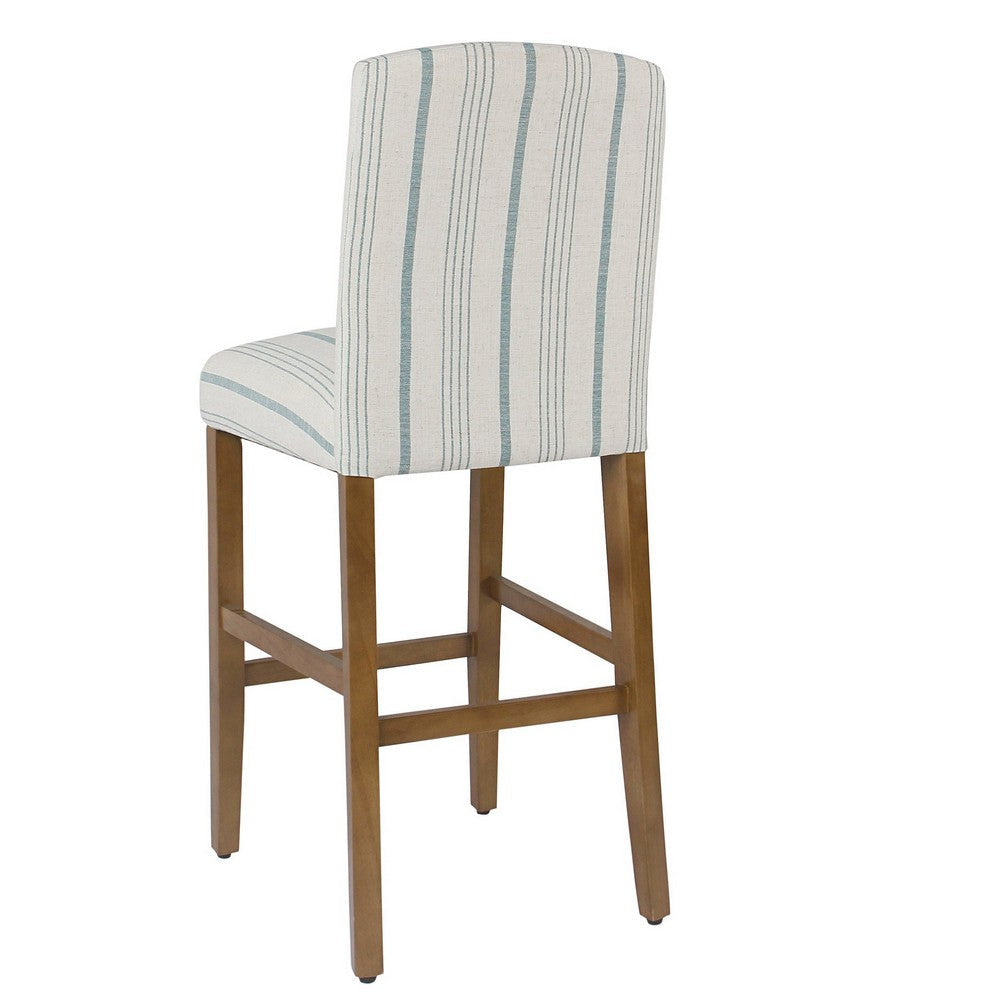 Fabric Upholstered Wooden Barstool with Striped Cushioned Seat White and Blue - K7576-29-F2230 By Casagear Home KFN-K7576-29-F2230