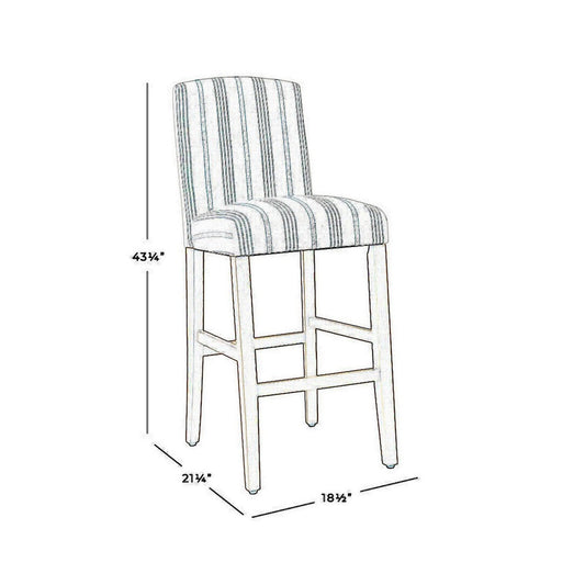 Fabric Upholstered Wooden Barstool with Striped Cushioned Seat White and Blue - K7576-29-F2230 By Casagear Home KFN-K7576-29-F2230