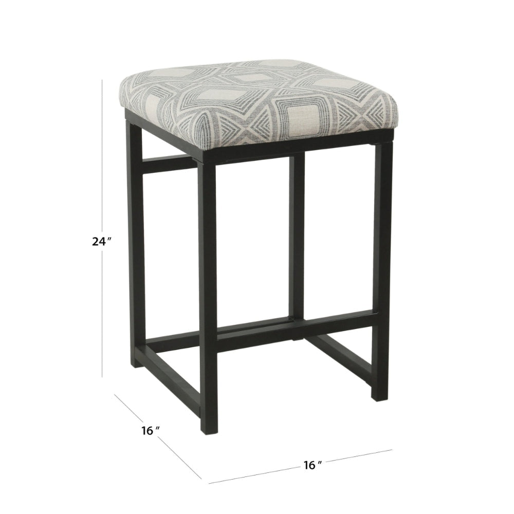 Metal Counter Stool with Geometric Pattern Fabric Upholstered Seat Gray and Black - K7651-24-F2348 By Casagear Home KFN-K7651-24-F2348