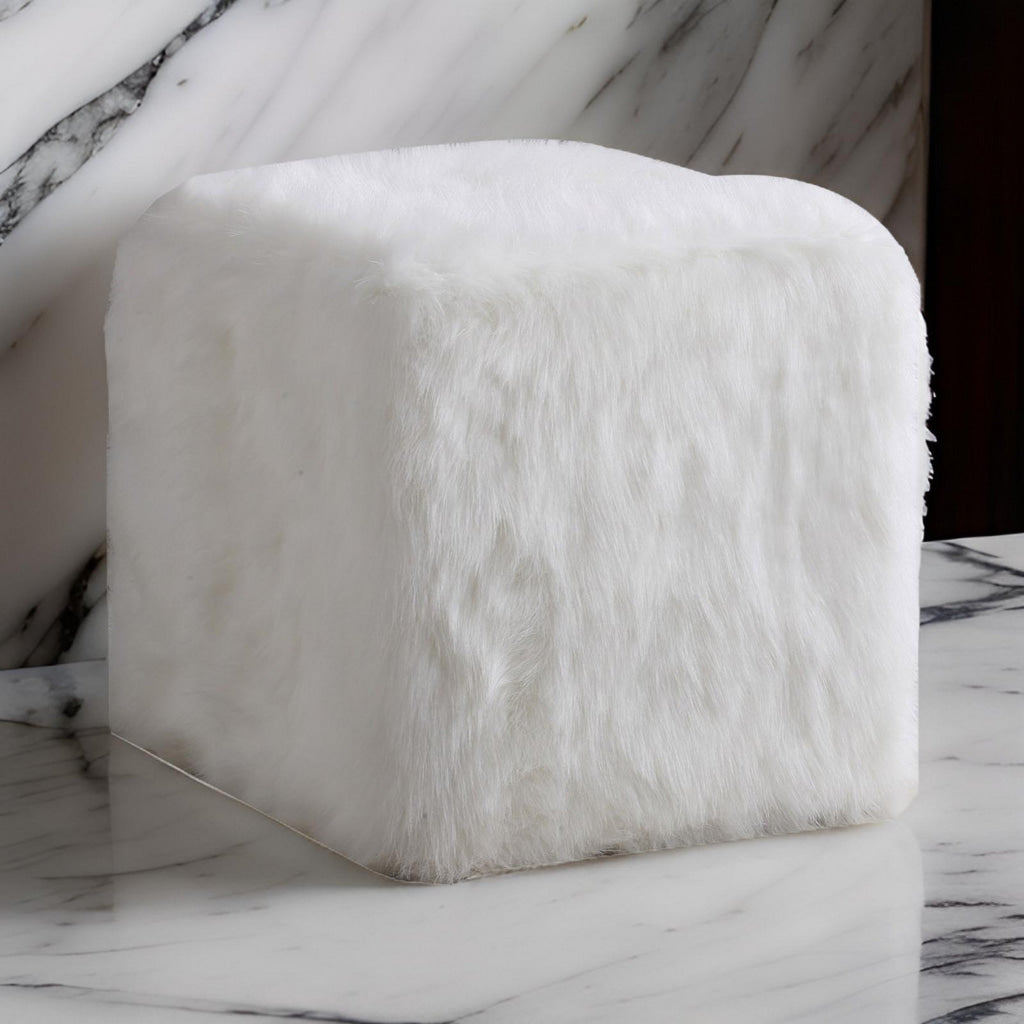 Faux Fur Upholstered Wooden Ottoman in Cube Shape, White By Casagear Home