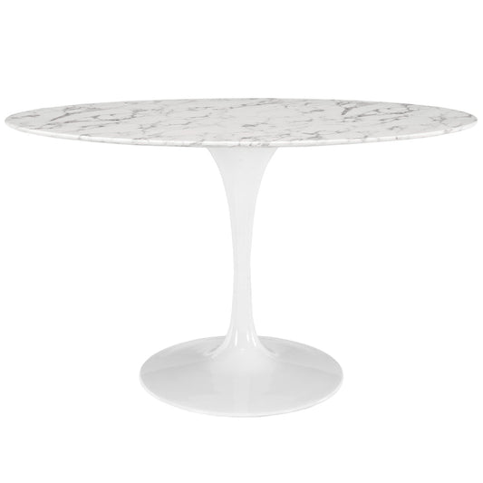 Modway Lippa 54" Oval-Shaped Mid-Century Modern Dining Table with Artificial Marble Top and White Base