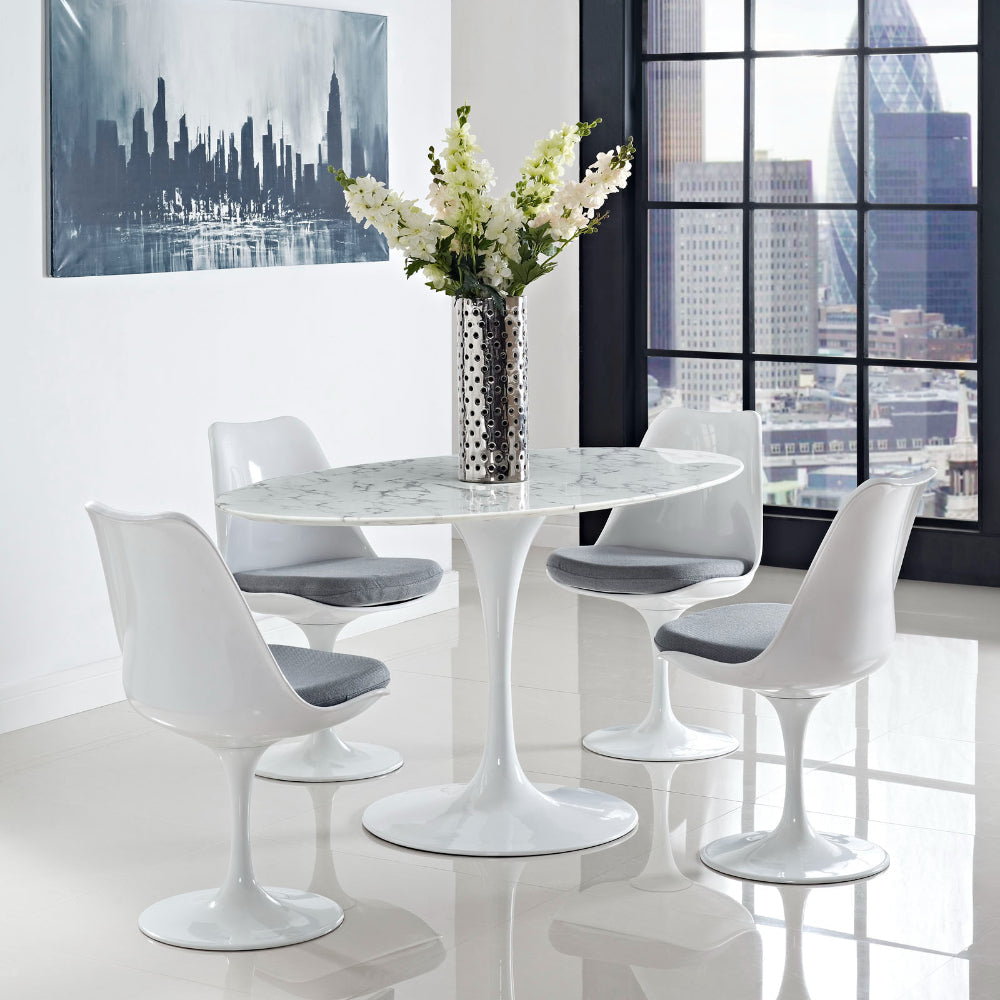 Modway Lippa 60’’ Oval-Shaped Mid-Century Modern Dining Table with Artificial Marble Top and White Base MDY-EEI-1135-WHI