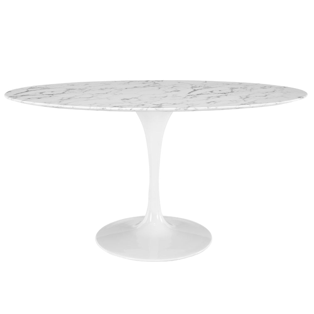 Modway Lippa 60" Oval-Shaped Mid-Century Modern Dining Table with Artificial Marble Top and White Base