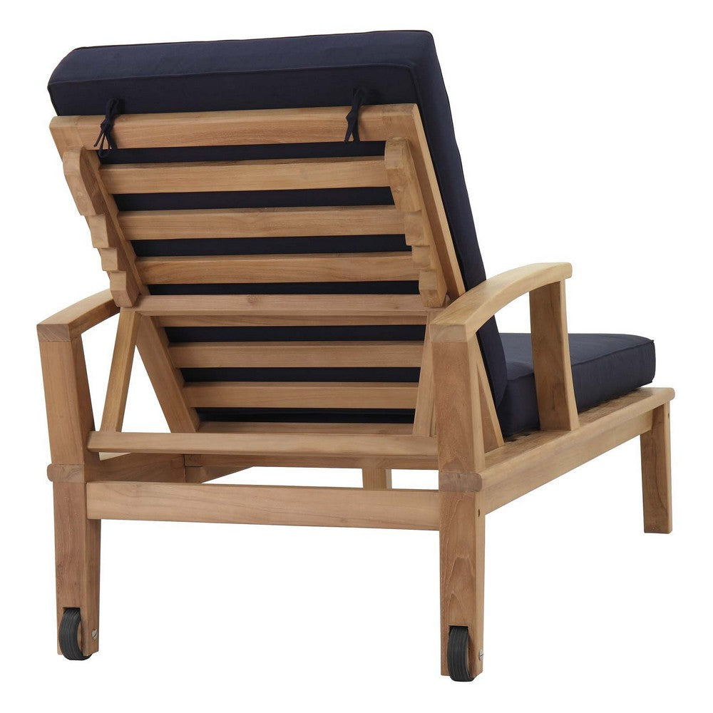 Modway Marina Premium Grade A Teak Wood Outdoor Patio Chaise Lounge Chair in Natural Navy MDY-EEI-1151-NAT-NAV-SET