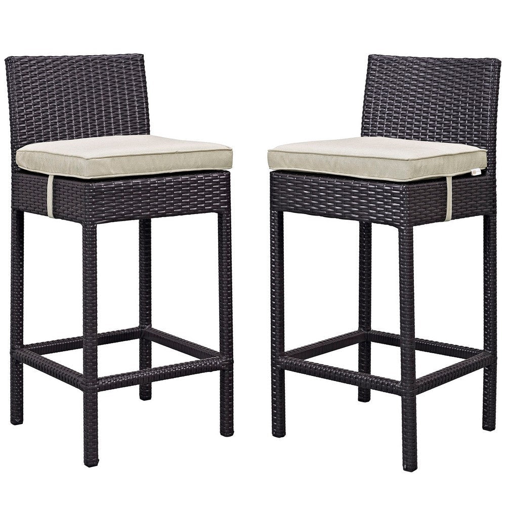 Modway Lift Wicker Rattan Outdoor Patio Two Bar Stools with Cushions in Espresso Beige