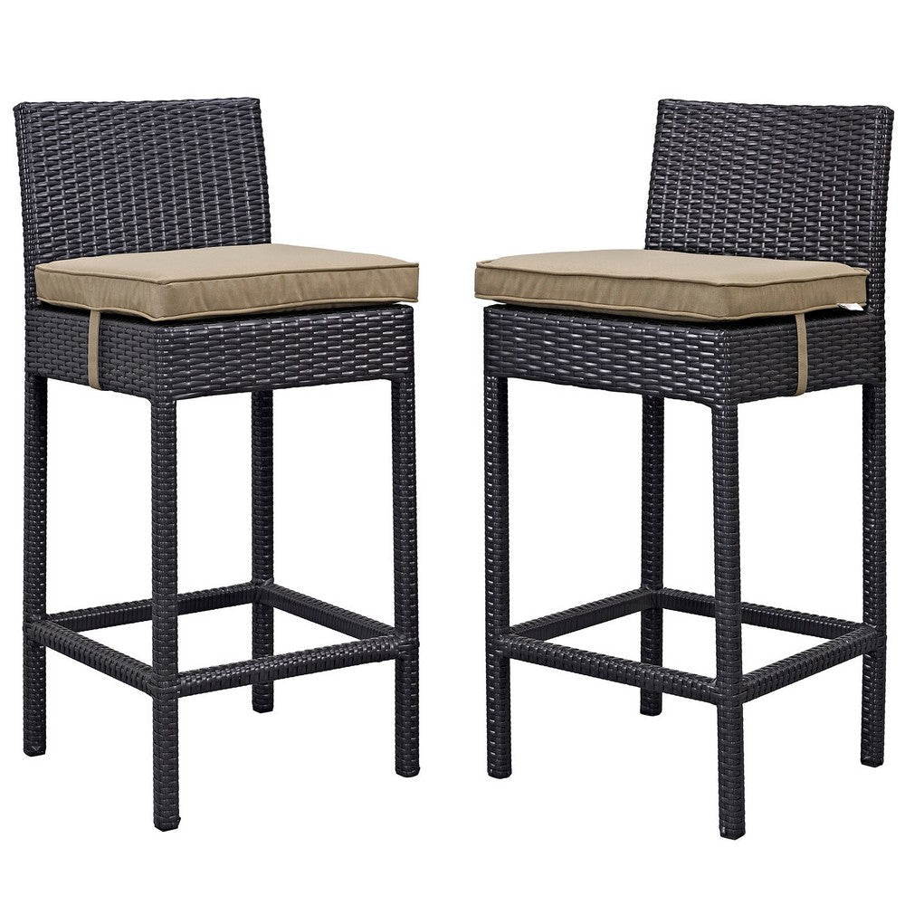 Modway Lift Wicker Rattan Outdoor Patio Two Bar Stools with Cushions in Espresso Mocha