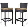 Modway Lift Wicker Rattan Outdoor Patio Two Bar Stools with Cushions in Espresso Mocha