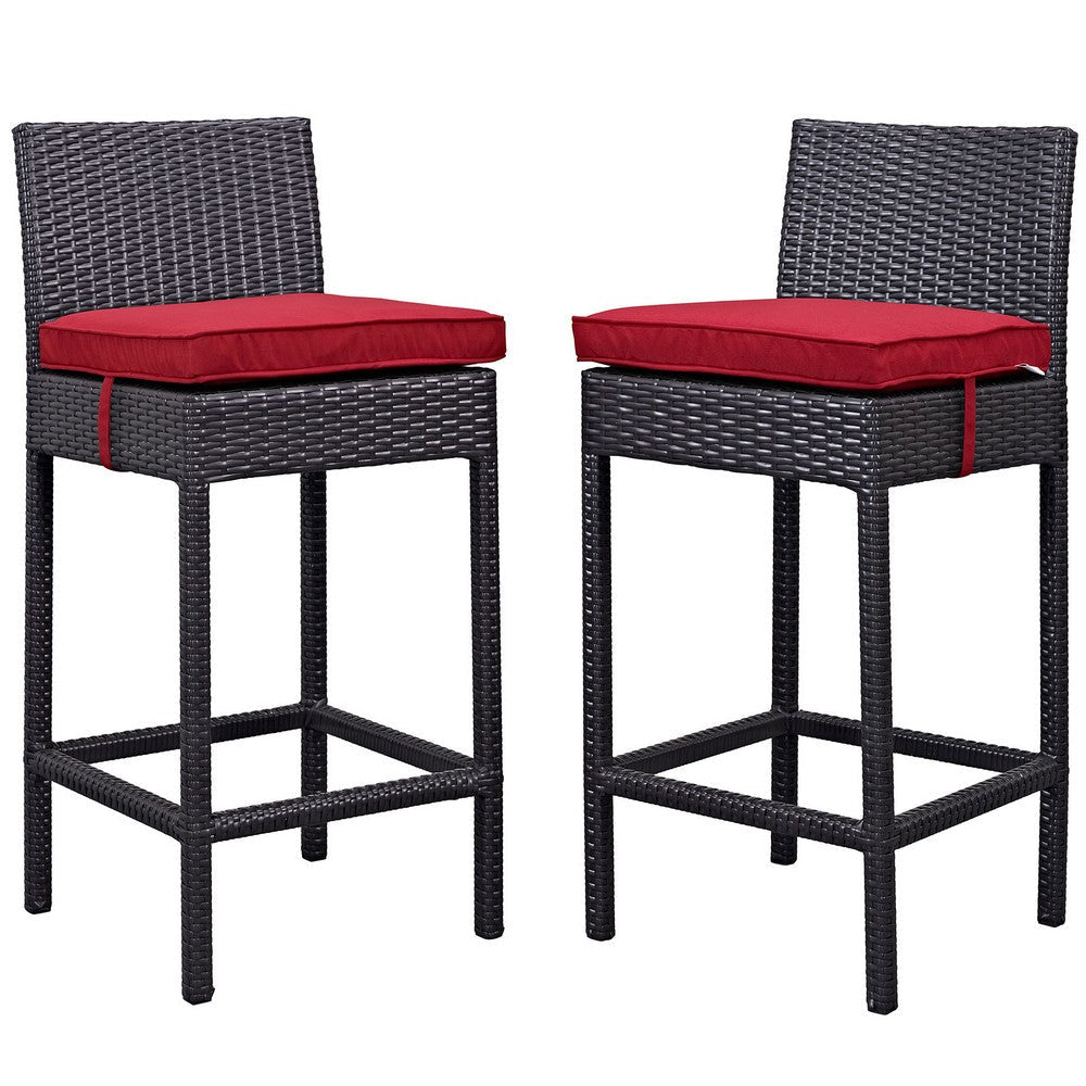 Modway Lift Wicker Rattan Outdoor Patio Two Bar Stools with Cushions in Espresso Red