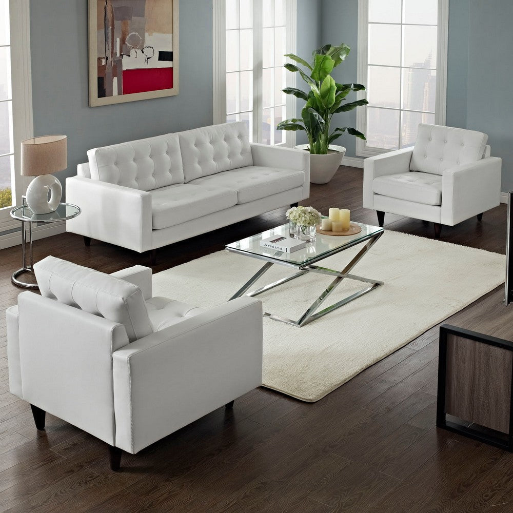 Modway Empress Mid-Century Modern Upholstered Leather Sofa and Two Armchair Set White MDY-EEI-1312-WHI