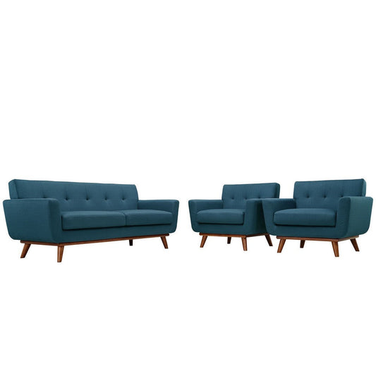 Modway Engage Mid-Century Modern Upholstered Fabric Two Armchair and Loveseat Set in Azure