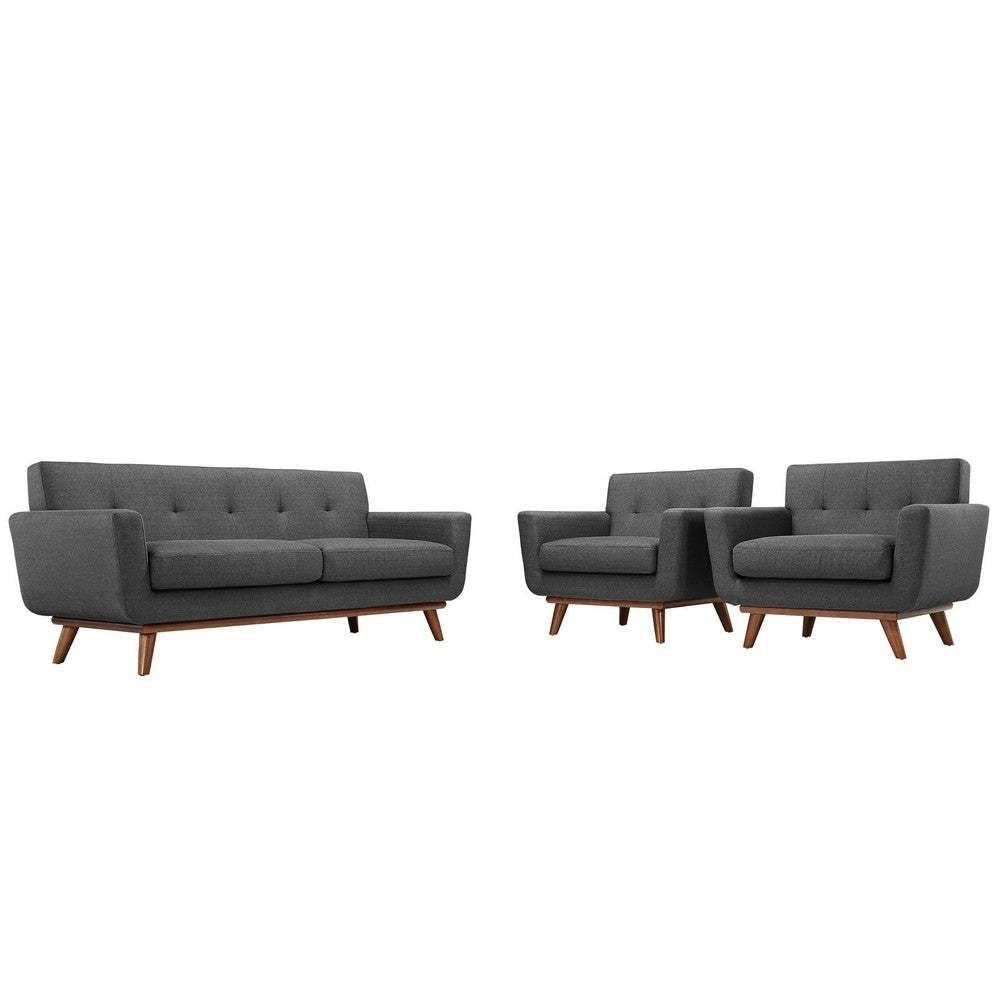 Modway Engage Mid-Century Modern Upholstered Fabric Two Armchair and Loveseat Set in Gray