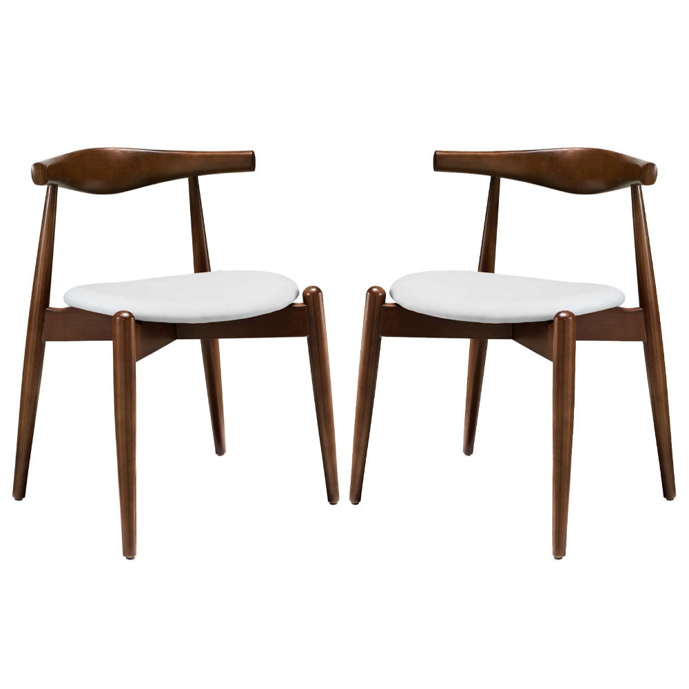 Modway Stalwart Mid-Century Modern Faux Leather Upholstered Two Dining Chairs in Dark Walnut White