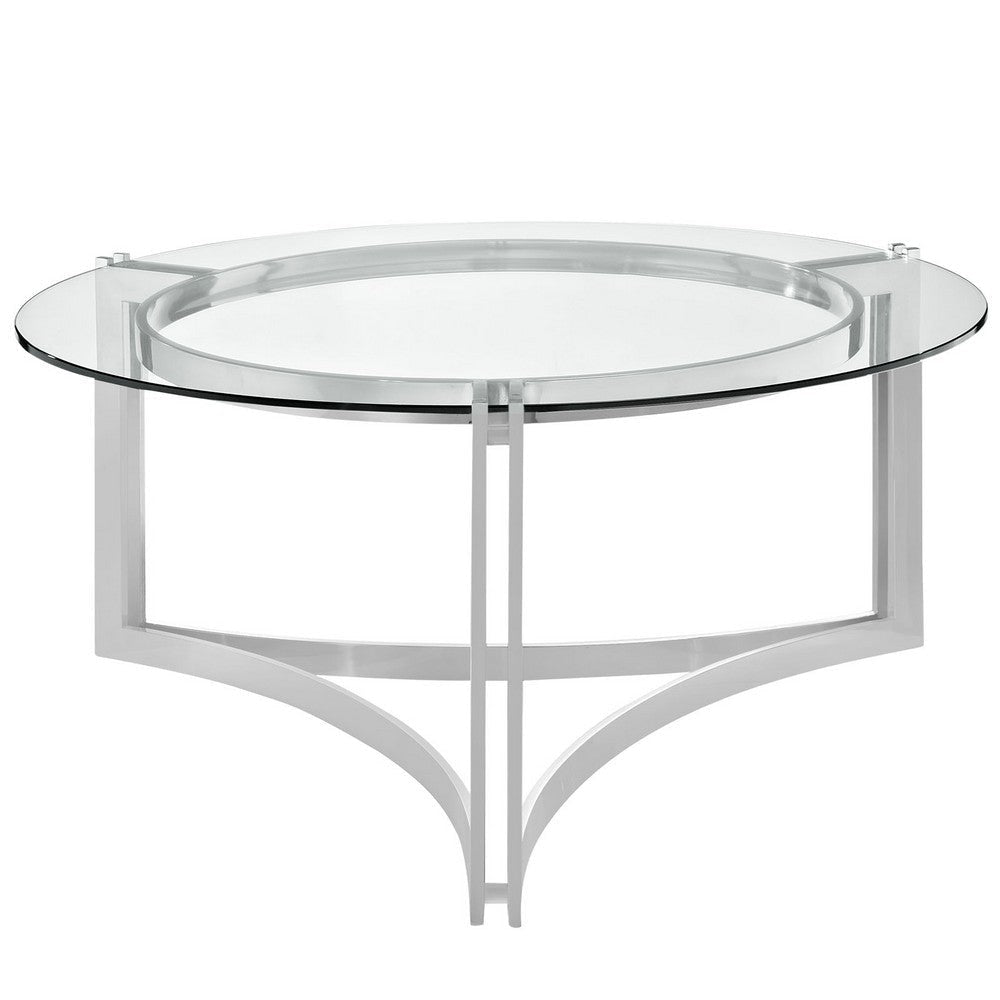 Modway Signet Modern Tempered Glass Stainless Steel Round Coffee Table In Silver MDY-EEI-1438-SLV