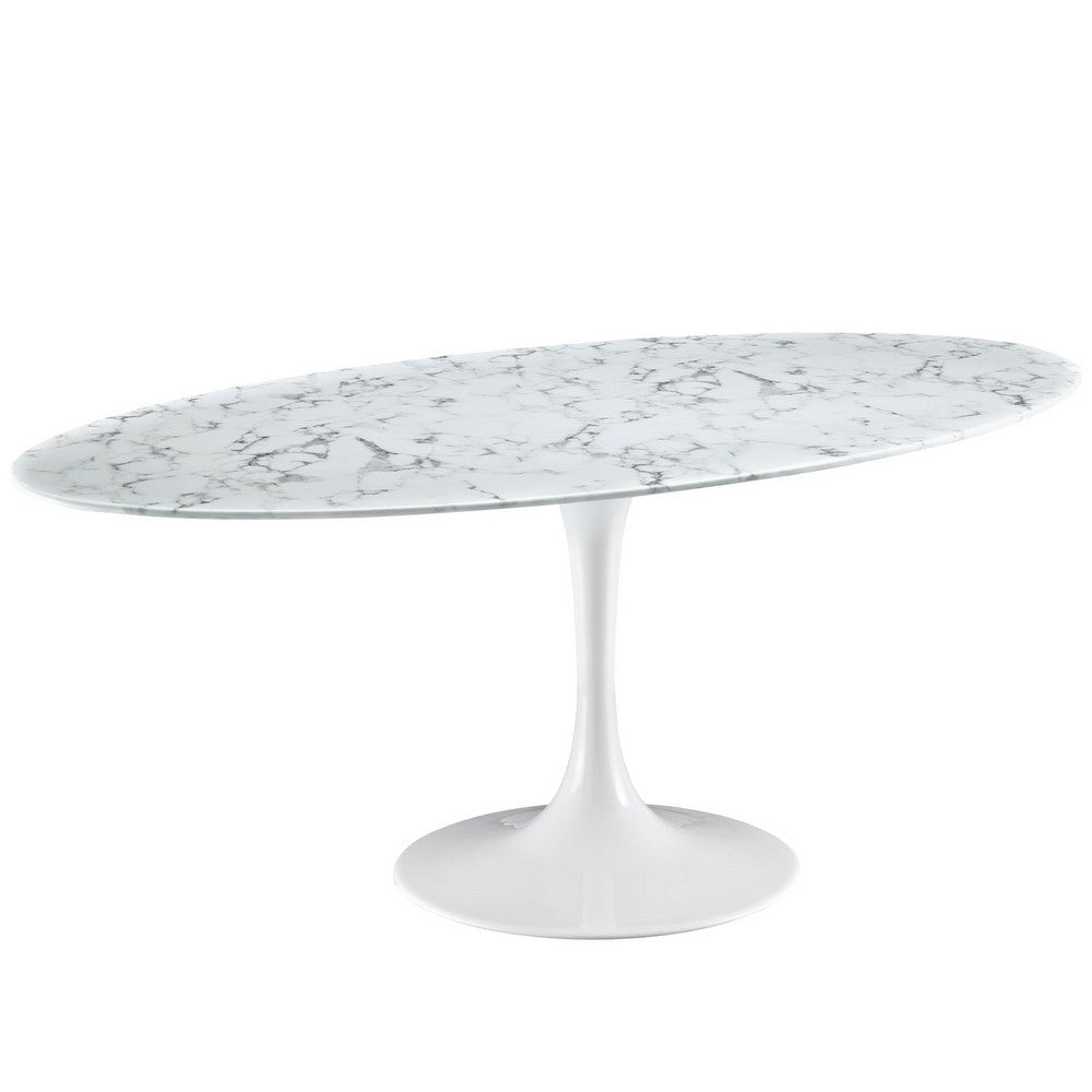 Modway Lippa 78’’ Oval-Shaped Mid-Century Modern Dining Table with Artificial Marble Top and White Base MDY-EEI-1659-WHI