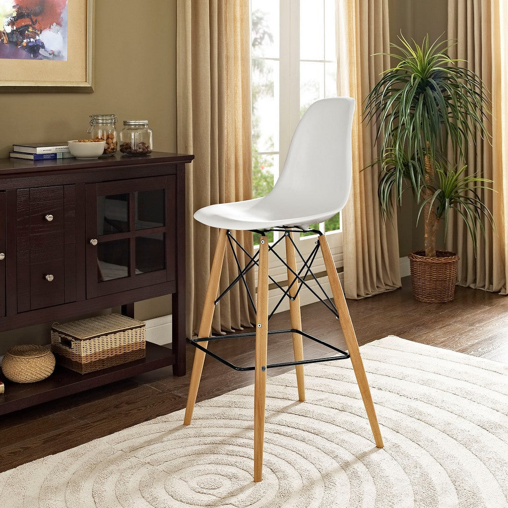 Modway Pyramid Mid-Century Modern Bar Stool with Natural Wood Legs in White